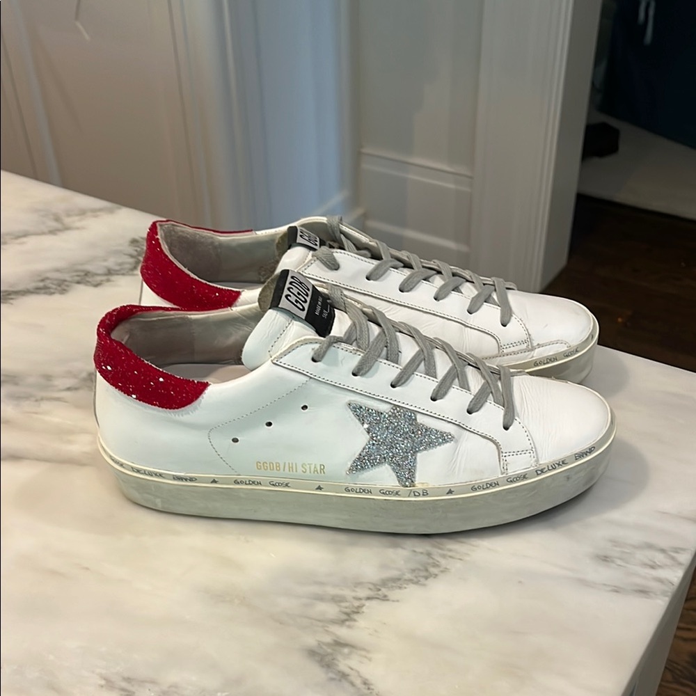 Golden Goose White and Red Sneakers with Silver Star